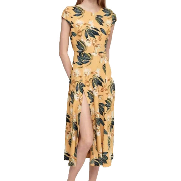B2 Auth ARITZIA BABATON Yellow Hibiscus Open Back W/Buttons Lorence Dress Size 6 - Picture 1 of 9